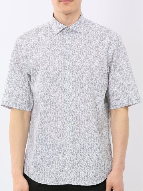 ストレッチ 綿混 ブロード 小花 ワイドカラー 半袖 シャツ