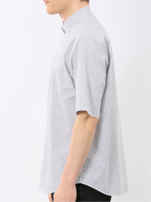 ストレッチ 綿混 ブロード 小花 ワイドカラー 半袖 シャツ