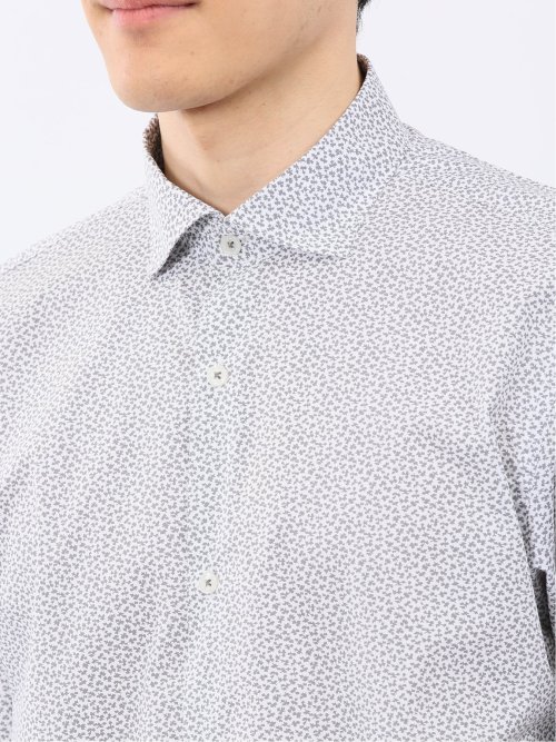 ストレッチ 綿混 ブロード 小花 ワイドカラー 半袖 シャツ