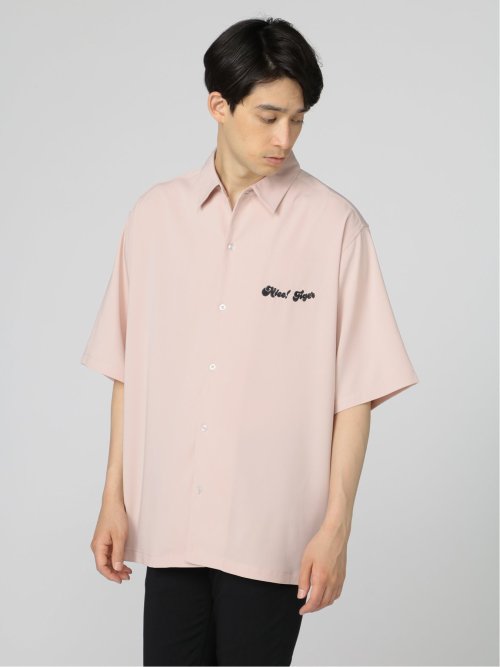 バック刺繍 オープンカラー半袖ルーズシャツ(M 12ピンク): トップス