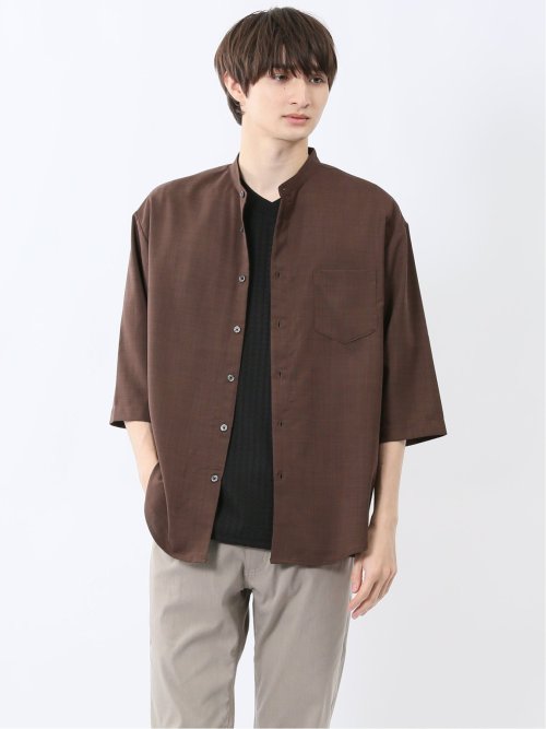カウラ/Kaule リネンライク バンドカラー 7分袖シャツ(M 35こげ