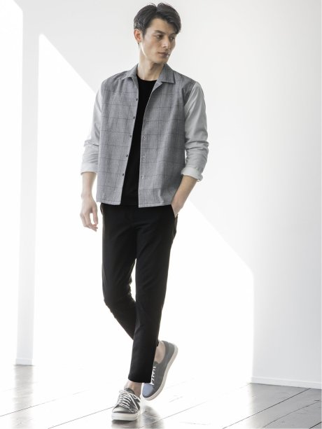 ストレッチブロード 前身チェック オープンカラー長袖シャツ