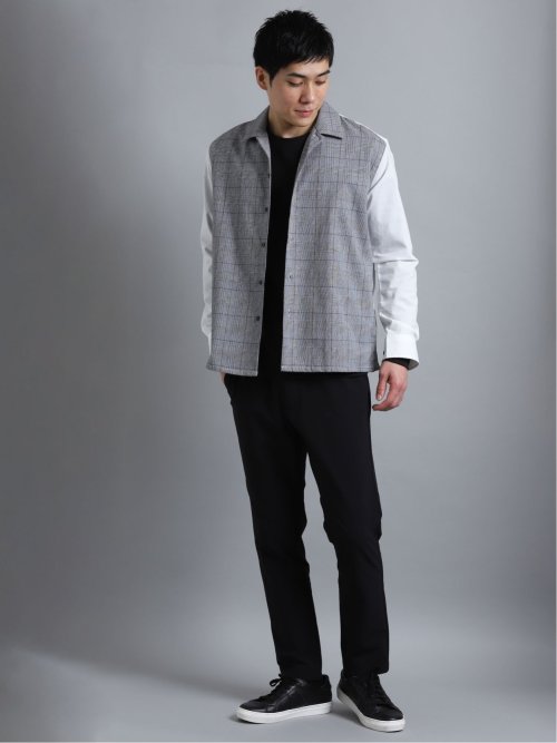 ストレッチブロード 前身チェック オープンカラー長袖シャツ