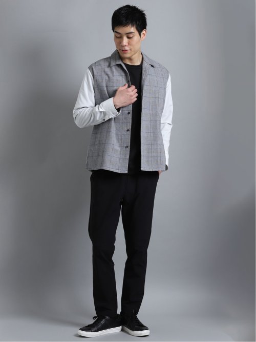 ストレッチブロード 前身チェック オープンカラー長袖シャツ