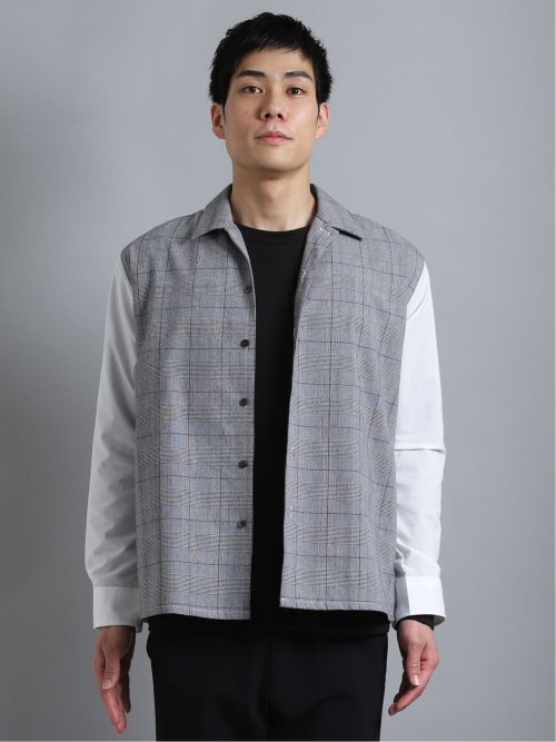 ストレッチブロード 前身チェック オープンカラー長袖シャツ