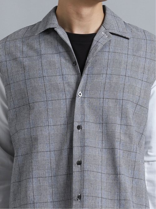 ストレッチブロード 前身チェック オープンカラー長袖シャツ