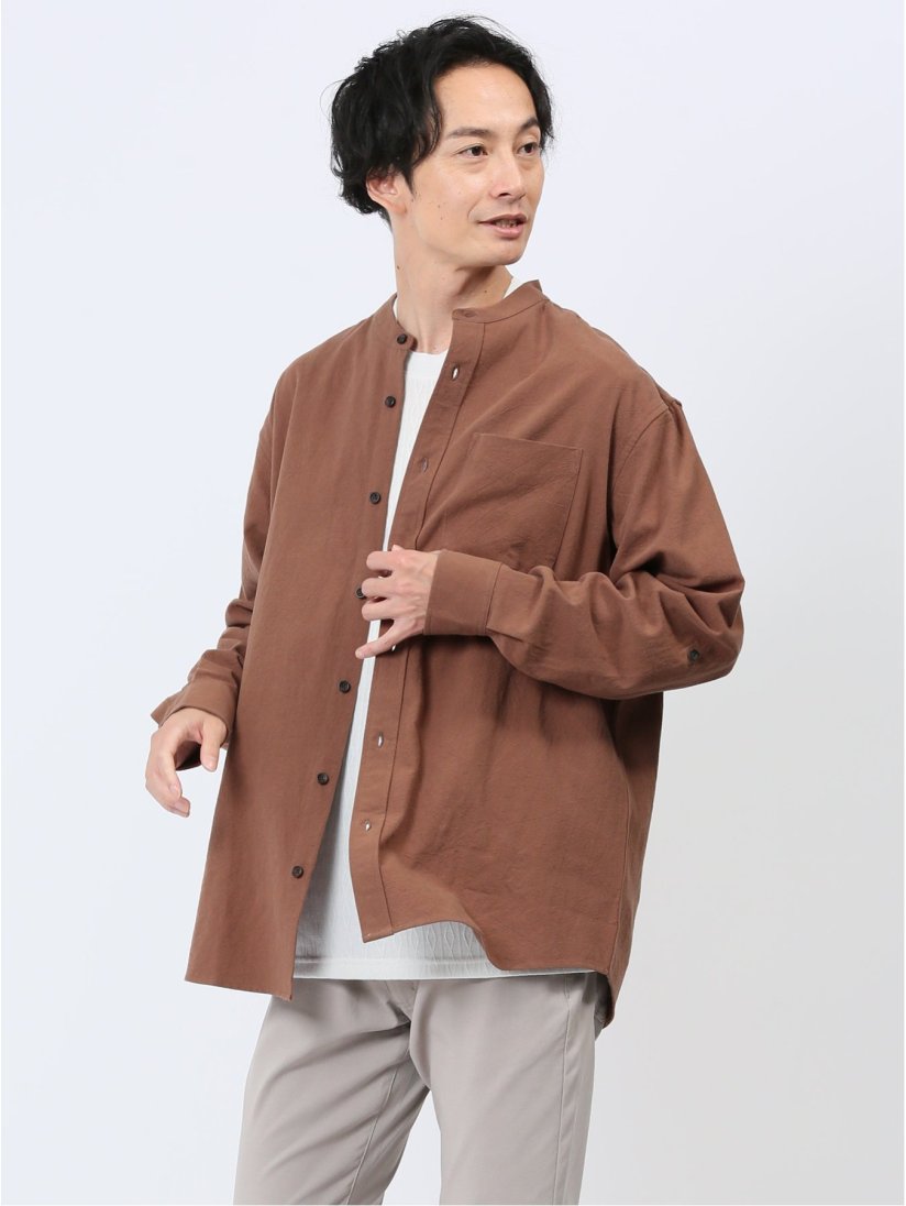 バンドカラー ロールアップ長袖シャツ(M 35こげ茶): トップス | TAKA-Q 