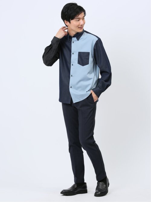 ストレッチ シャンブレー ボタンダウン長袖シャツ