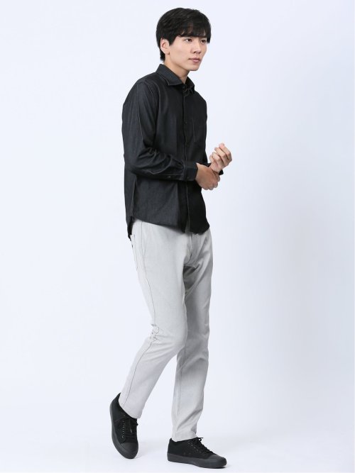 ストレッチ シャンブレー セミワイドカラー長袖シャツ