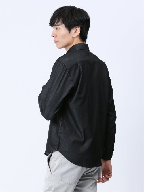 ストレッチ シャンブレー セミワイドカラー長袖シャツ