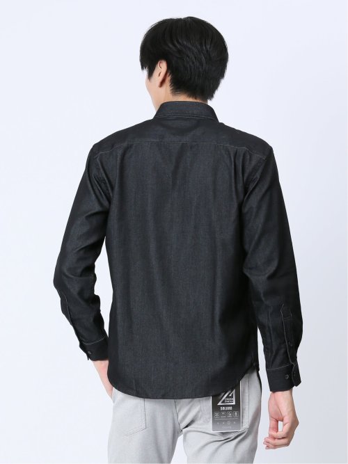 ストレッチ シャンブレー セミワイドカラー長袖シャツ