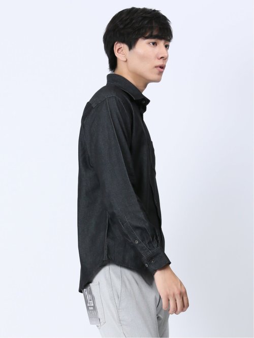 ストレッチ シャンブレー セミワイドカラー長袖シャツ