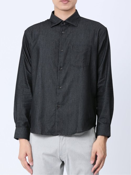 ストレッチ シャンブレー セミワイドカラー長袖シャツ