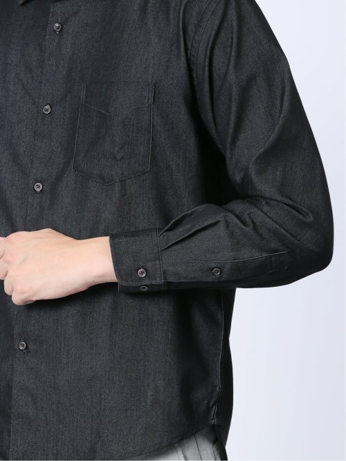 ストレッチ シャンブレー セミワイドカラー長袖シャツ