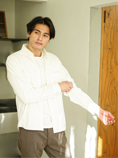 ストレッチ ギンガムサッカー ボタンダウン長袖シャツ