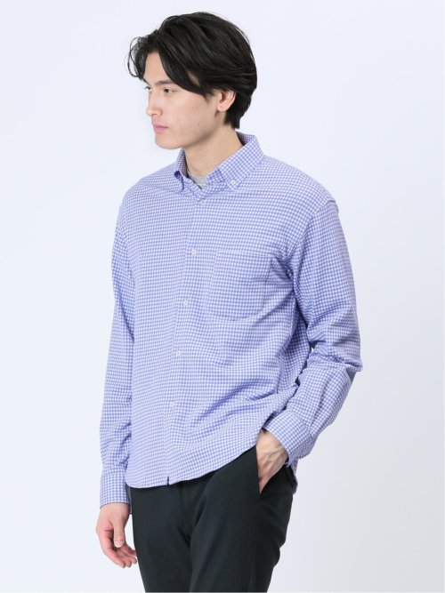ストレッチ ギンガムサッカー ボタンダウン長袖シャツ