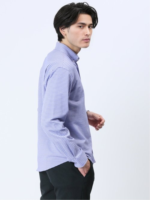 ストレッチ ギンガムサッカー ボタンダウン長袖シャツ
