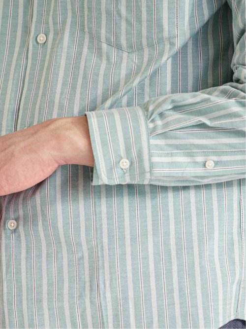 ストレッチストライプ柄 バンドカラー長袖シャツ