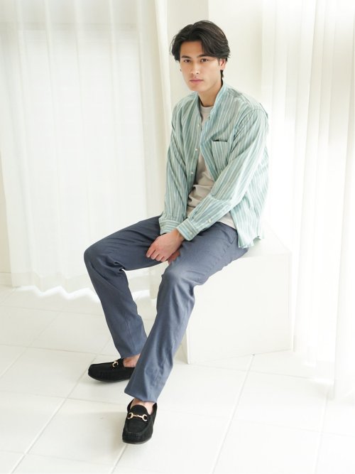 ストレッチストライプ柄 バンドカラー長袖シャツ