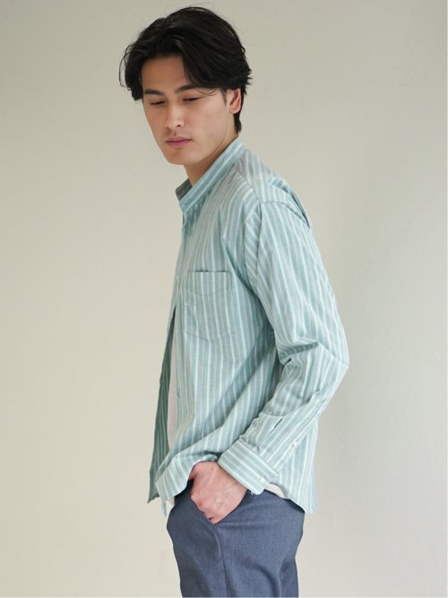 ストレッチストライプ柄 バンドカラー長袖シャツ