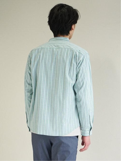 ストレッチストライプ柄 バンドカラー長袖シャツ