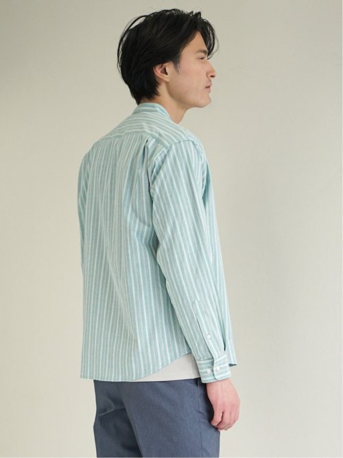 ストレッチストライプ柄 バンドカラー長袖シャツ