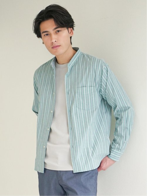 ストレッチストライプ柄 バンドカラー長袖シャツ