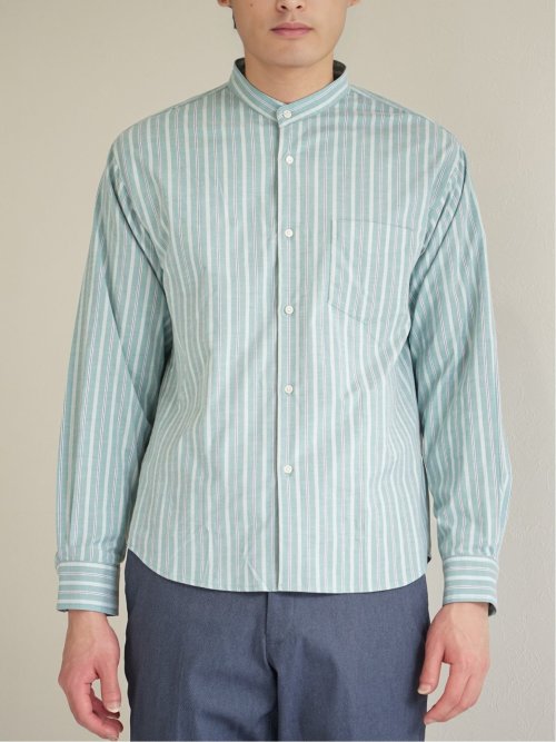 ストレッチストライプ柄 バンドカラー長袖シャツ