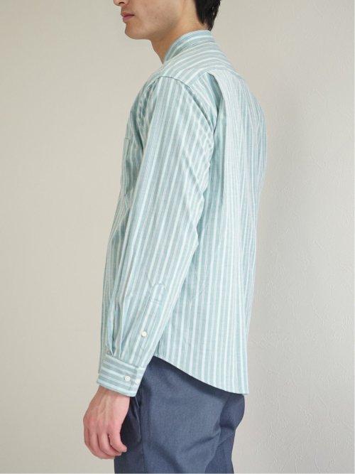 ストレッチストライプ柄 バンドカラー長袖シャツ