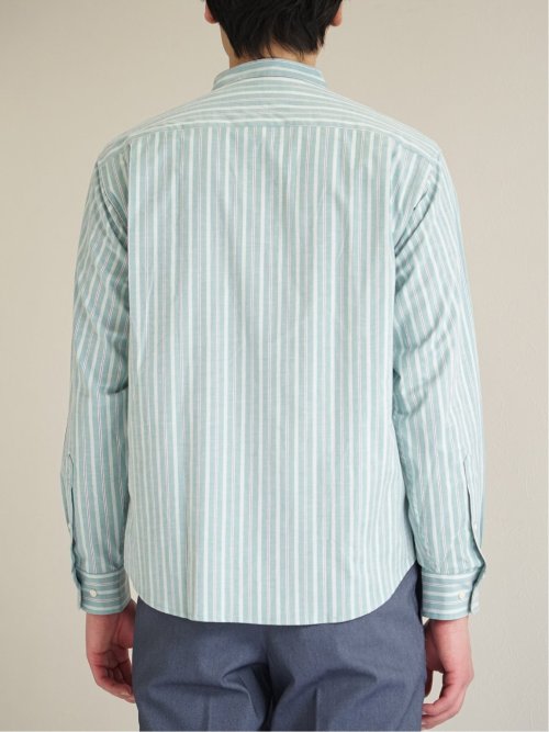 ストレッチストライプ柄 バンドカラー長袖シャツ