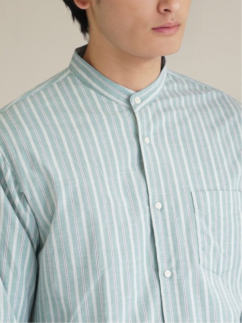 ストレッチストライプ柄 バンドカラー長袖シャツ