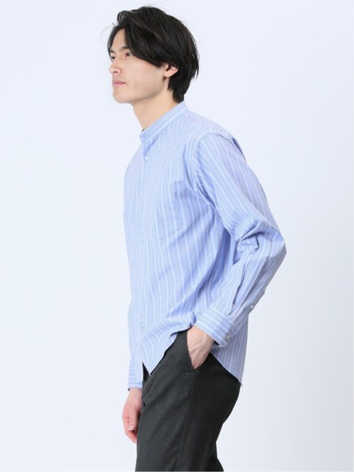 ストレッチストライプ柄 バンドカラー長袖シャツ