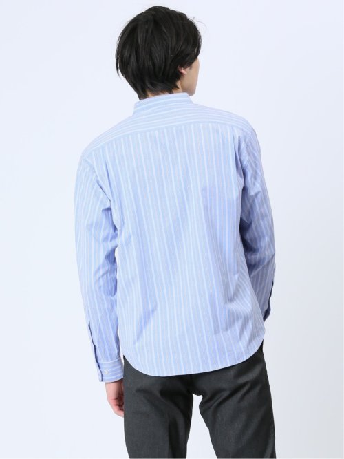 ストレッチストライプ柄 バンドカラー長袖シャツ