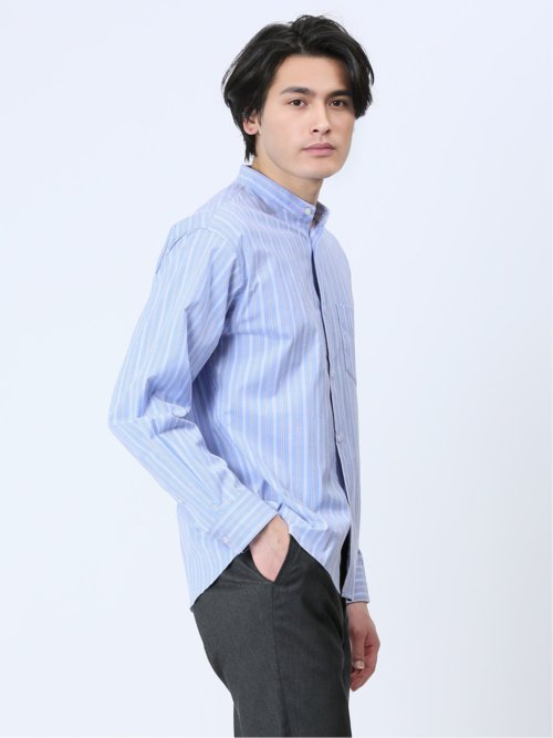 ストレッチストライプ柄 バンドカラー長袖シャツ