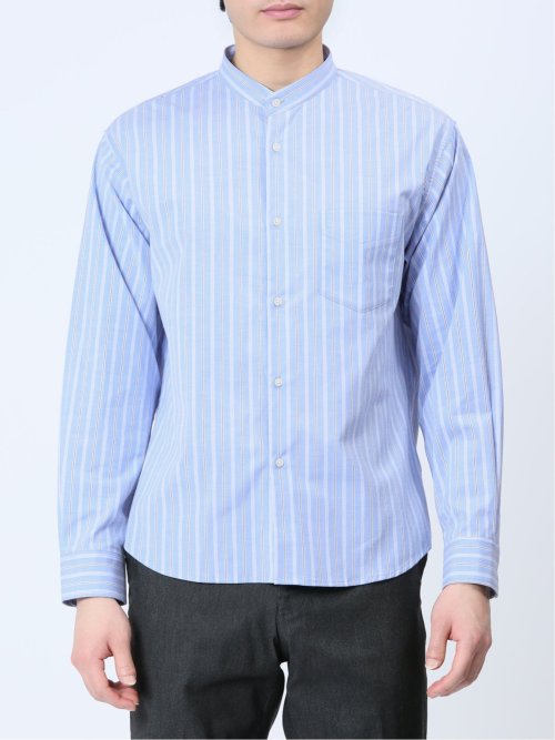 ストレッチストライプ柄 バンドカラー長袖シャツ