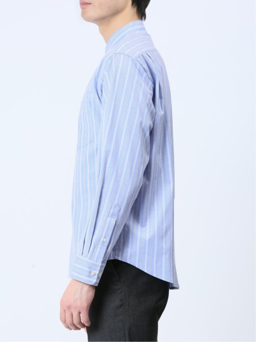 ストレッチストライプ柄 バンドカラー長袖シャツ