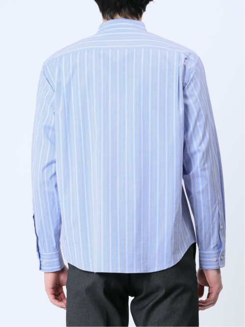 ストレッチストライプ柄 バンドカラー長袖シャツ