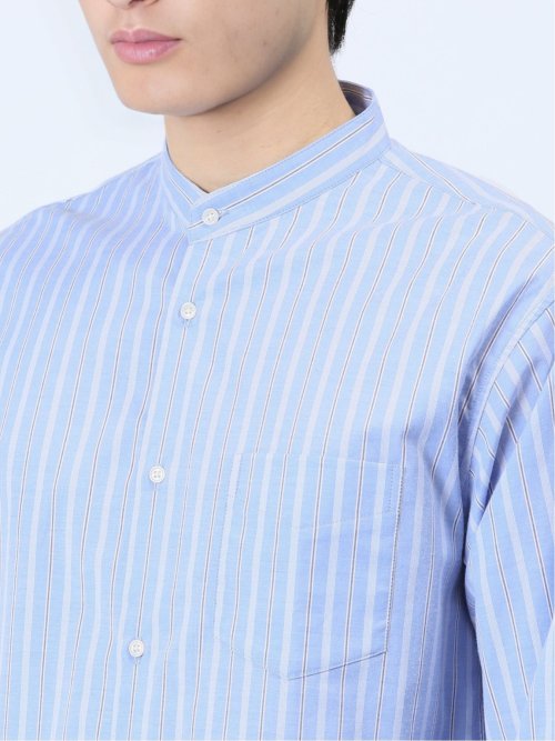 ストレッチストライプ柄 バンドカラー長袖シャツ