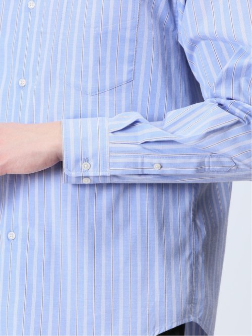 ストレッチストライプ柄 バンドカラー長袖シャツ