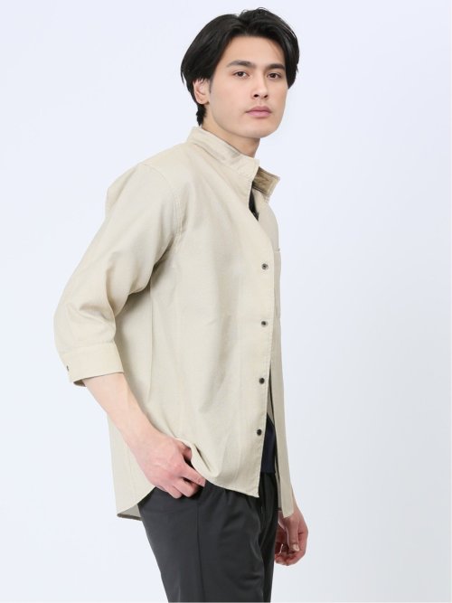 ベージュ スタンドカラー TechLinen スタンドカラー 7分袖シャツ(M 33ベージュ): トップス