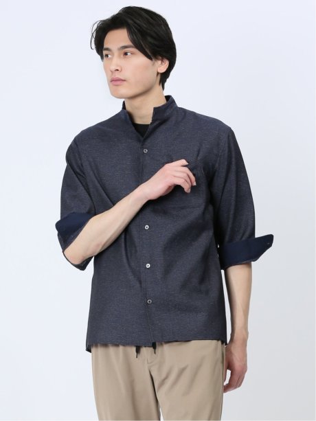 TechLinen スタンドカラー 7分袖シャツ