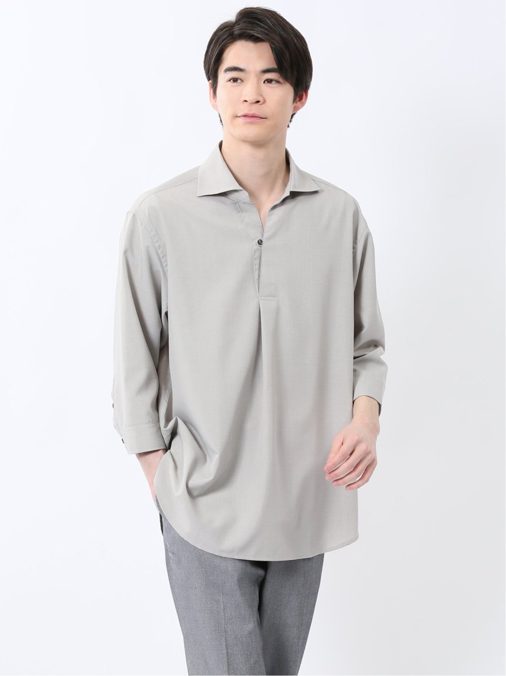 TechLinen プルオーバー 七分袖シャツ ベージュ メンズ