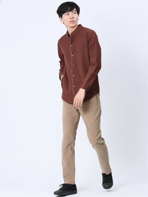 メランジポリトロ 変形スタンドカラー 長袖シャツ