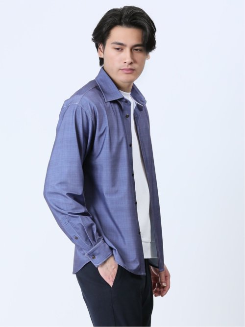 ModernRelax ストレッチチェック柄 ワイドカラー長袖シャツ