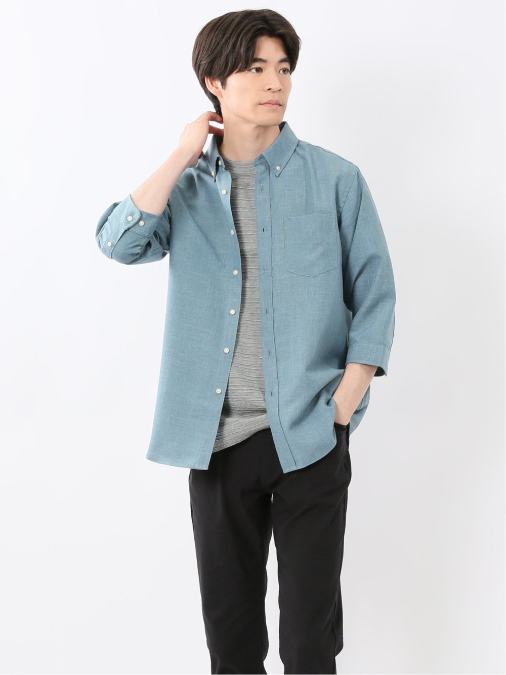 TechLinen ボタンダウン 7分袖シャツ
