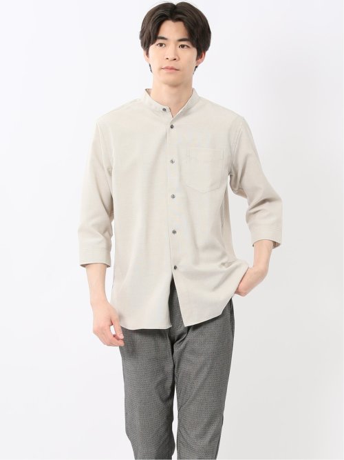 TechLinen バンドカラー 7分袖シャツ
