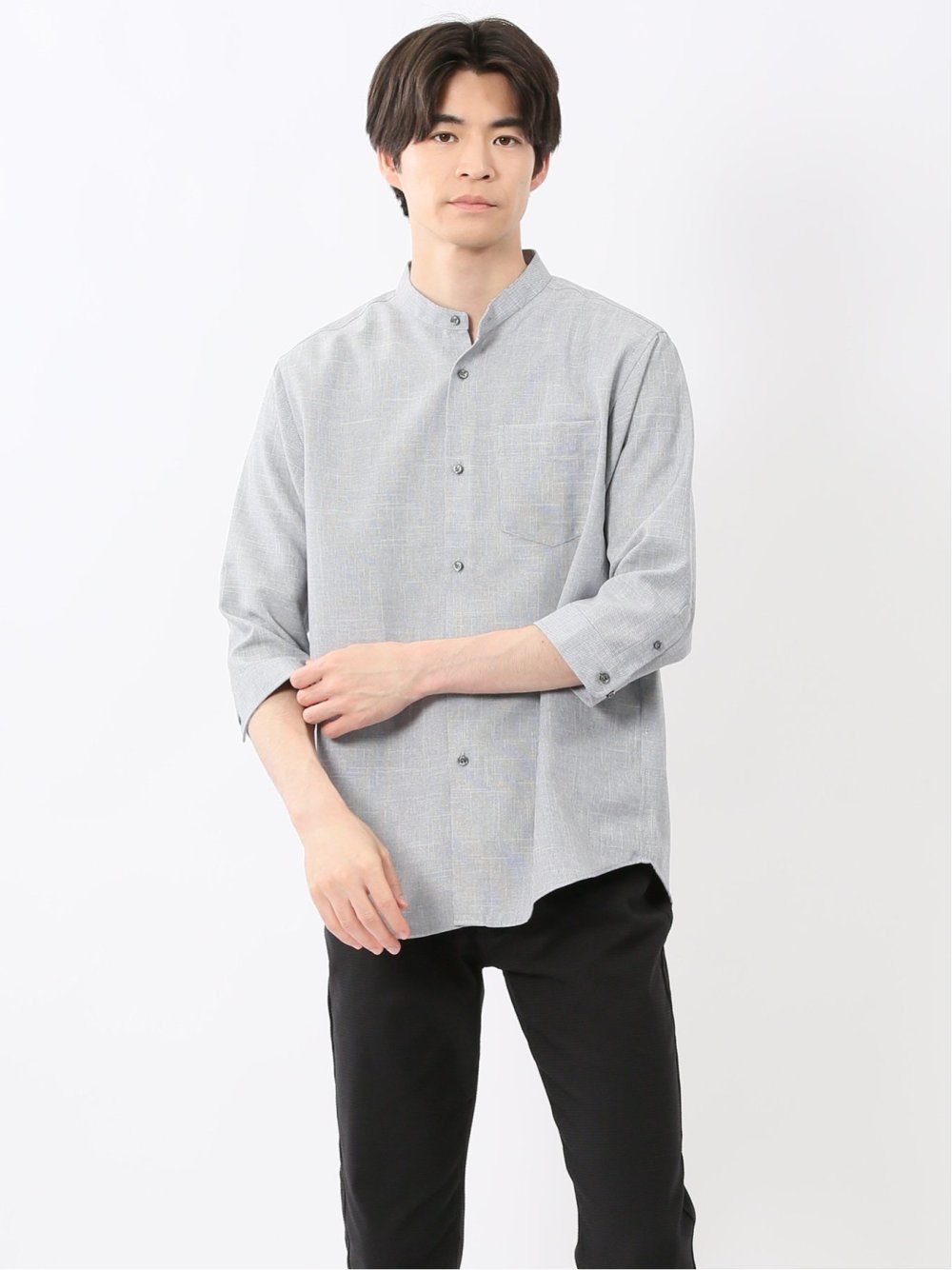 TechLinen バンドカラー 7分袖シャツ