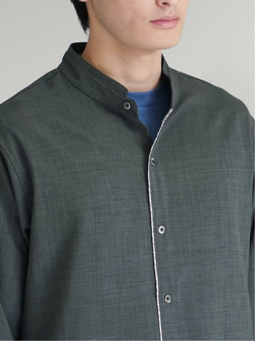 メランジポリトロ バンドカラー 7分袖シャツ