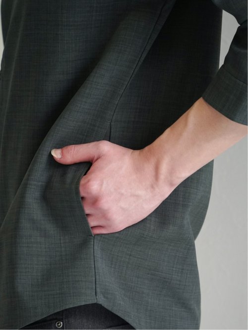 メランジポリトロ バンドカラー 7分袖シャツ