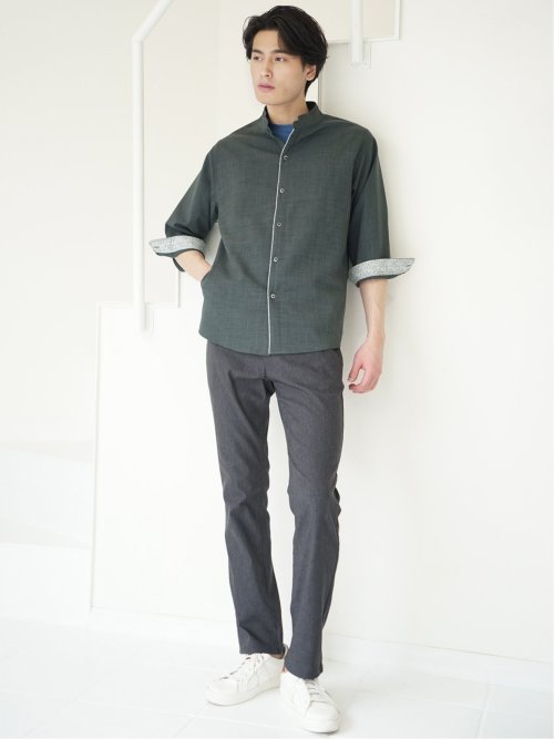 メランジポリトロ バンドカラー 7分袖シャツ